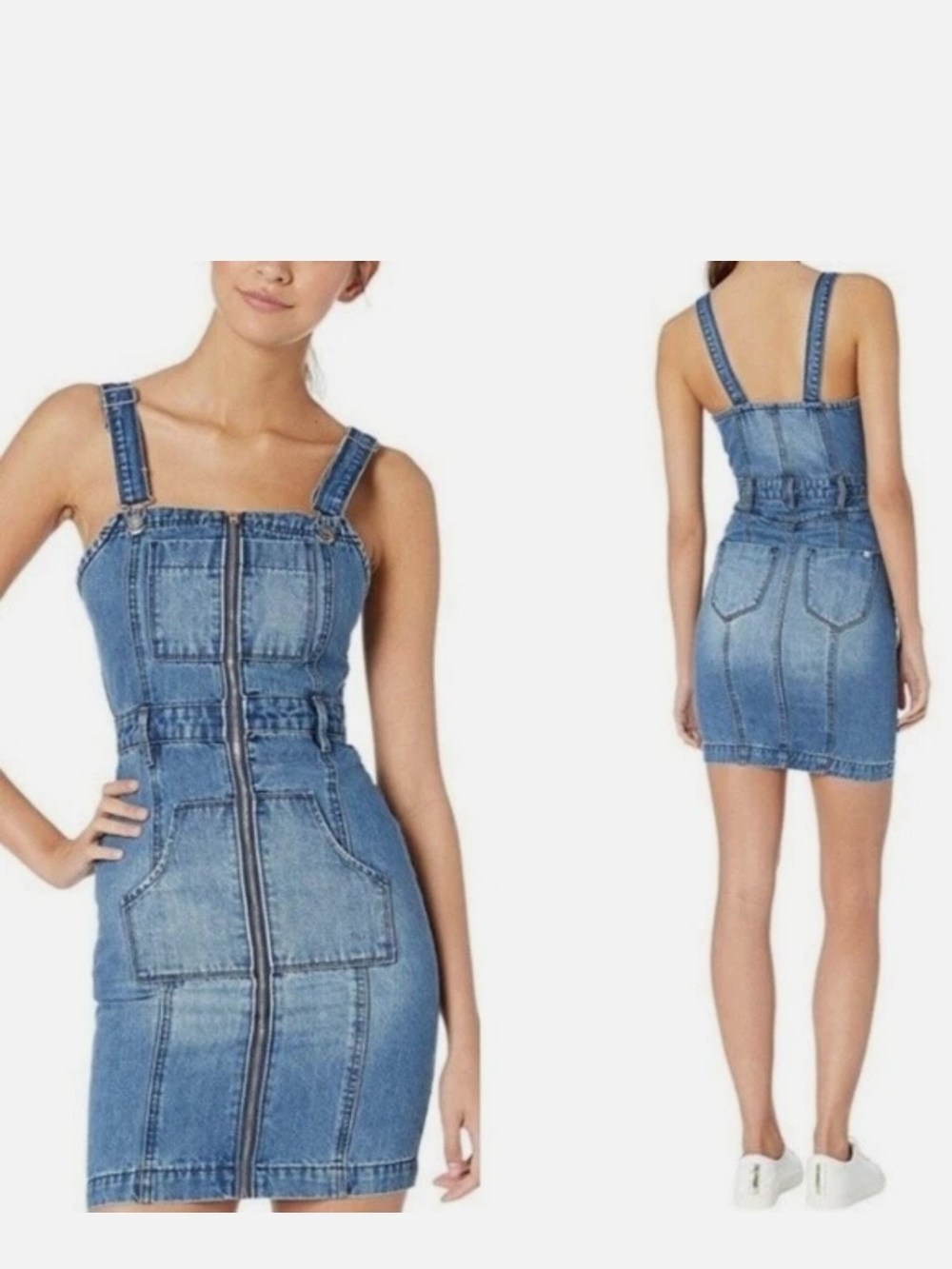 Bebe Denim Zip-Front Mini Dress with Adjustable Straps - Blue